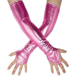 Women's Fingerless Shiny Metallic Spandex Pink Fashion Long Elastic Gloves